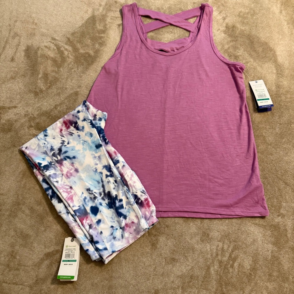 Gaiam Womens XL Yoga Set Hyper Violet Flow Tank & Tie Dye Leggings 2pc NWT